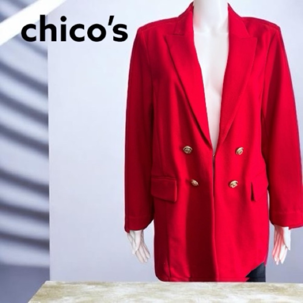 Chico's Vibrant Red Women's Ponte Blazer with Faux Gold Buttons size 12 (US)